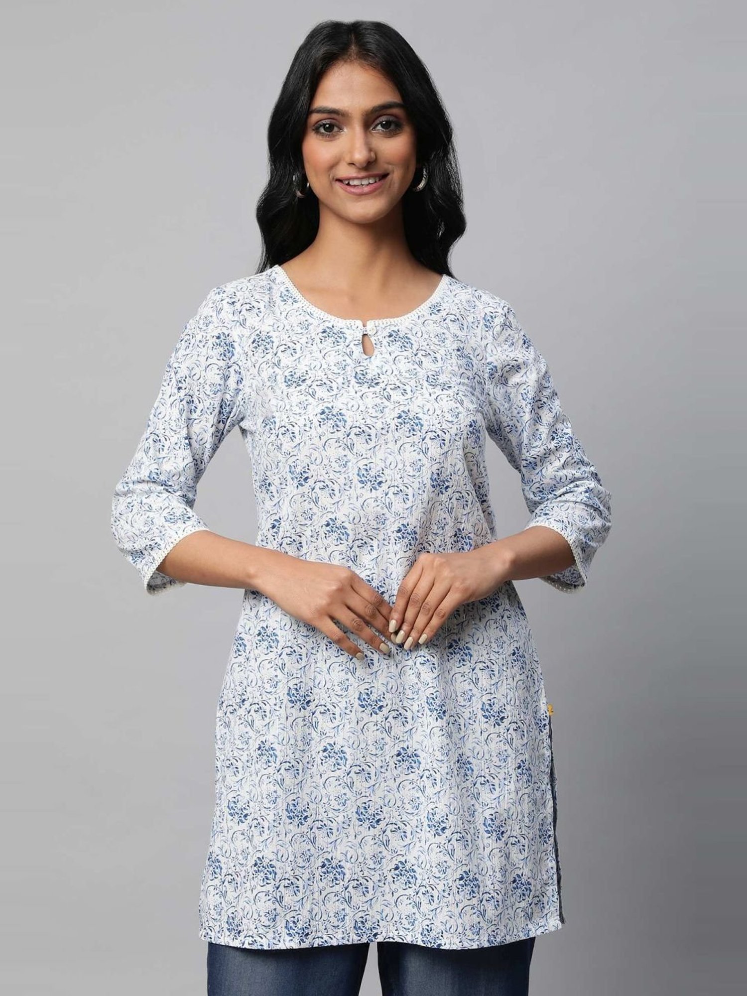 PURPURA Embroidered Full Sleeves Cotton Short Kurti (White-Black) :  Amazon.in: Fashion