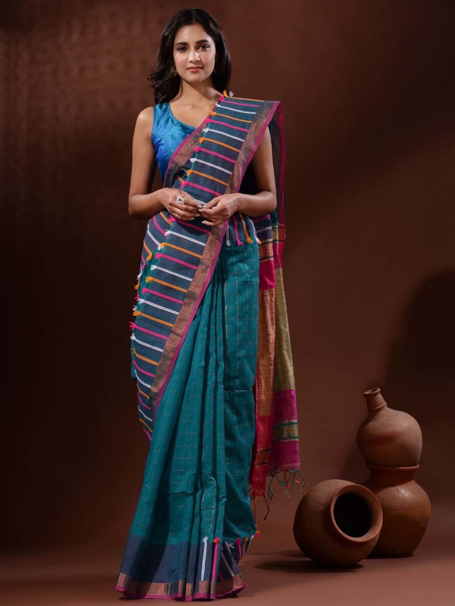 CHARUKRITI Blue & Pink Silk Woven Saree With Unstitched Blouse