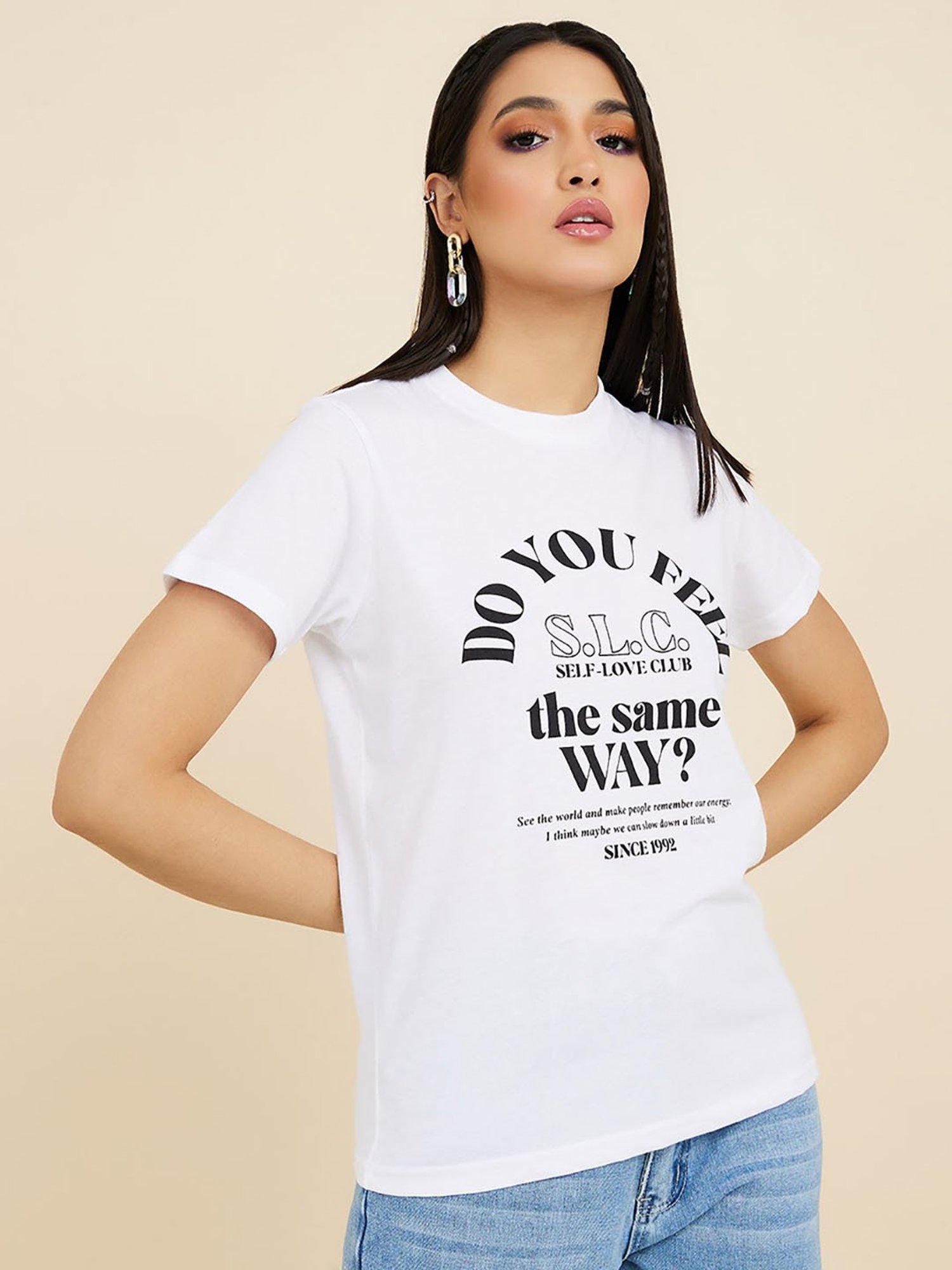 Buy Styli White Cotton Printed T-Shirt for Women Online @ Tata CLiQ