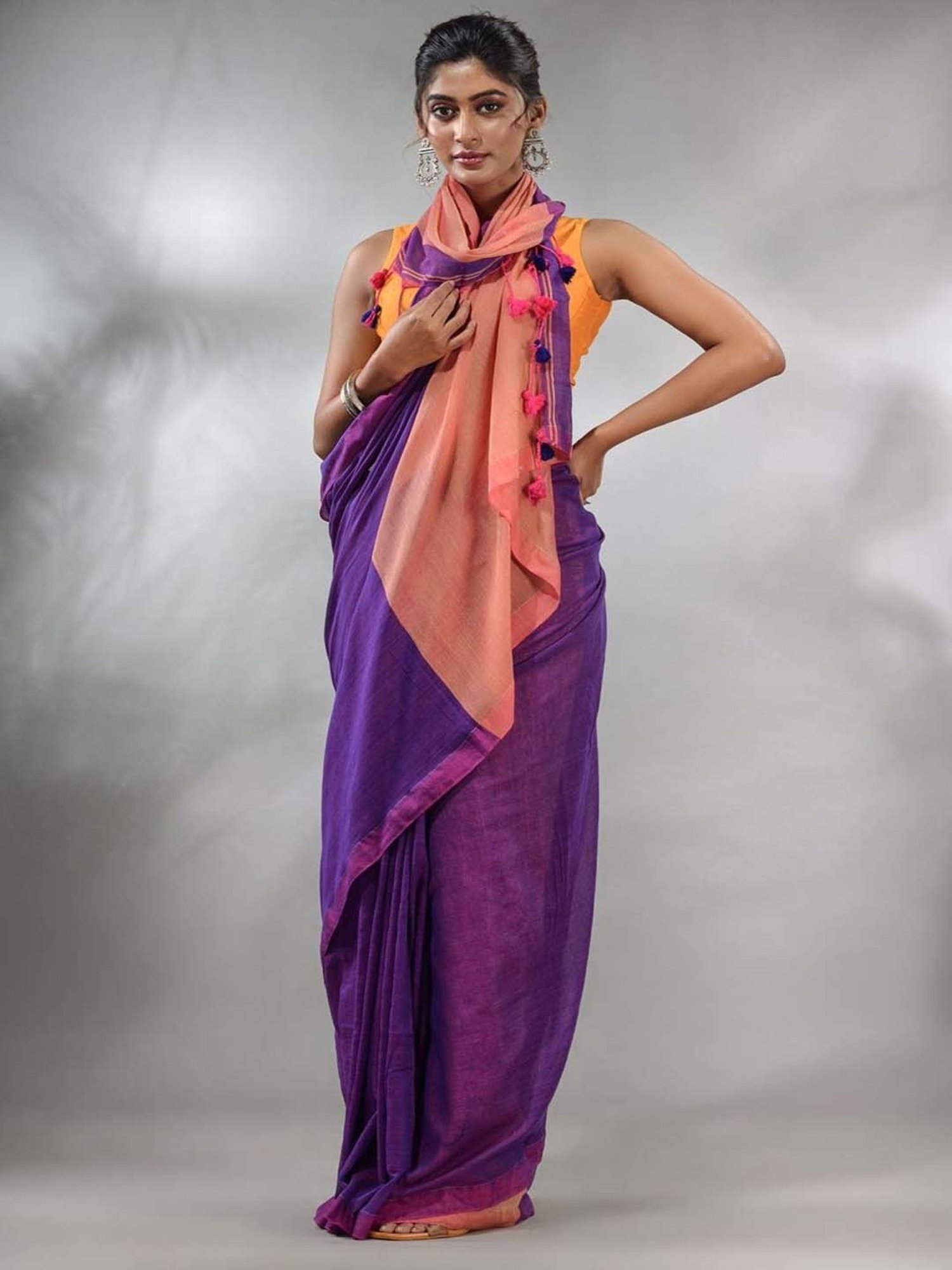 CHARUKRITI Purple Cotton Saree With Unstitched Blouse