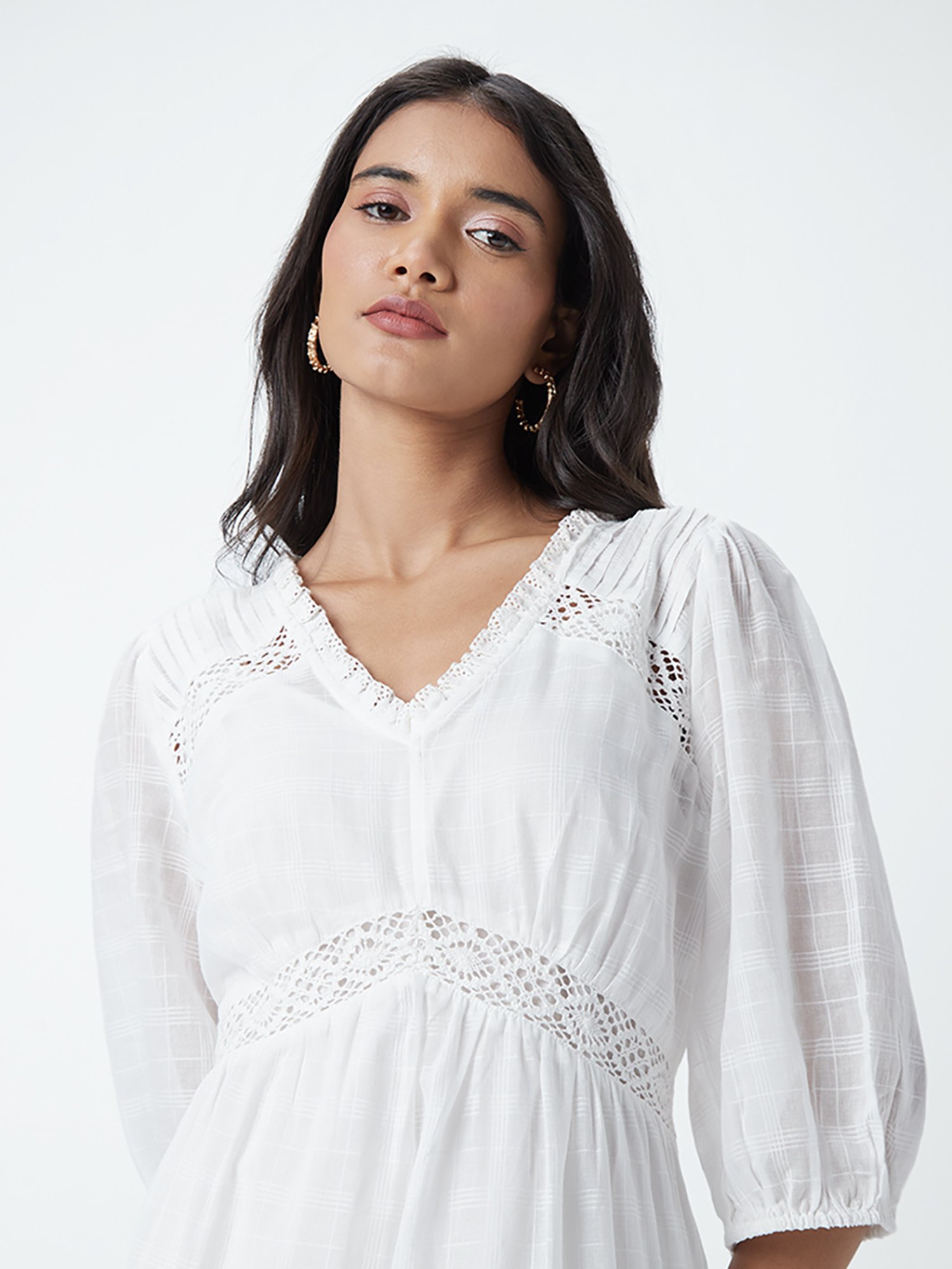 Louis Vuitton Long Sleeve Crochet Dress White Cotton