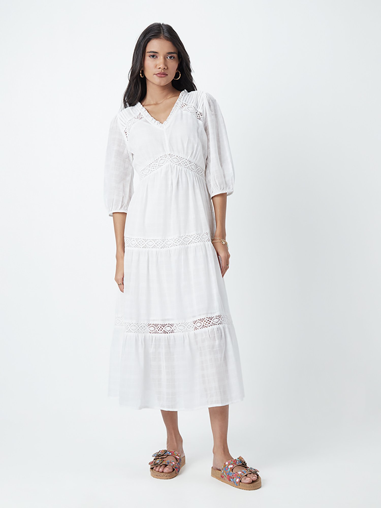 Louis Vuitton Long Sleeve Crochet Dress White Cotton