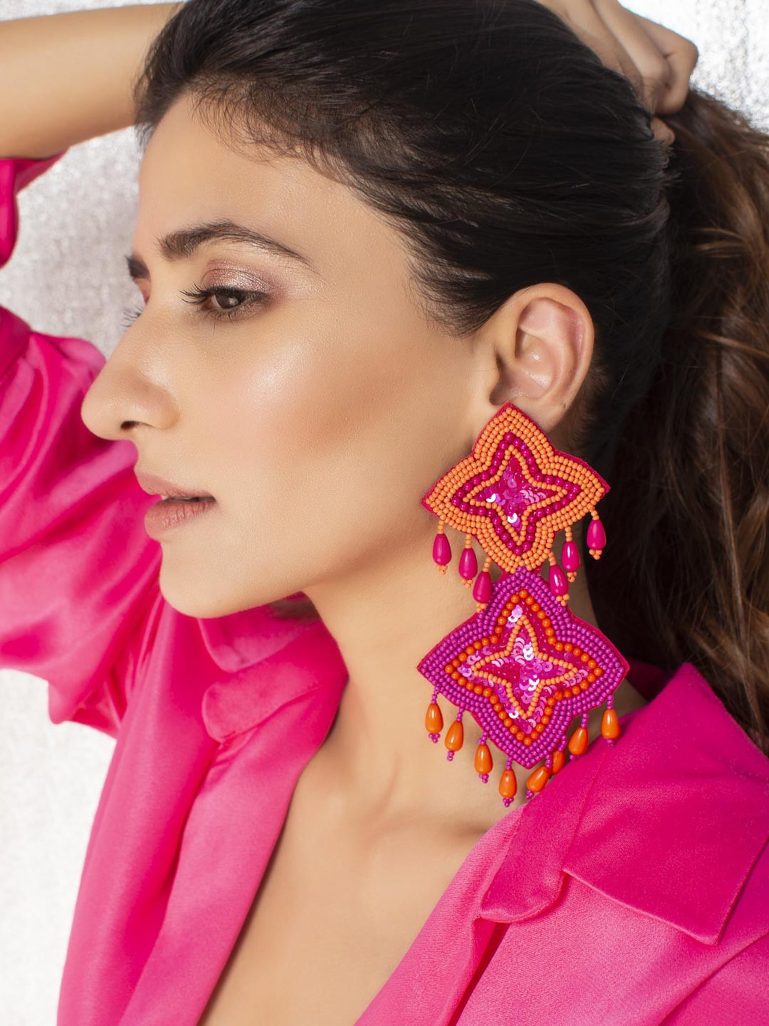 Buy Fida Orange Fuchsia Seed Beaded Trendy Pink and Orange Dangler
