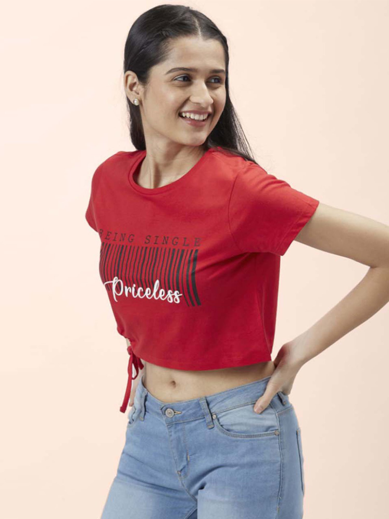 People by Pantaloons Red Cotton Printed Crop Top