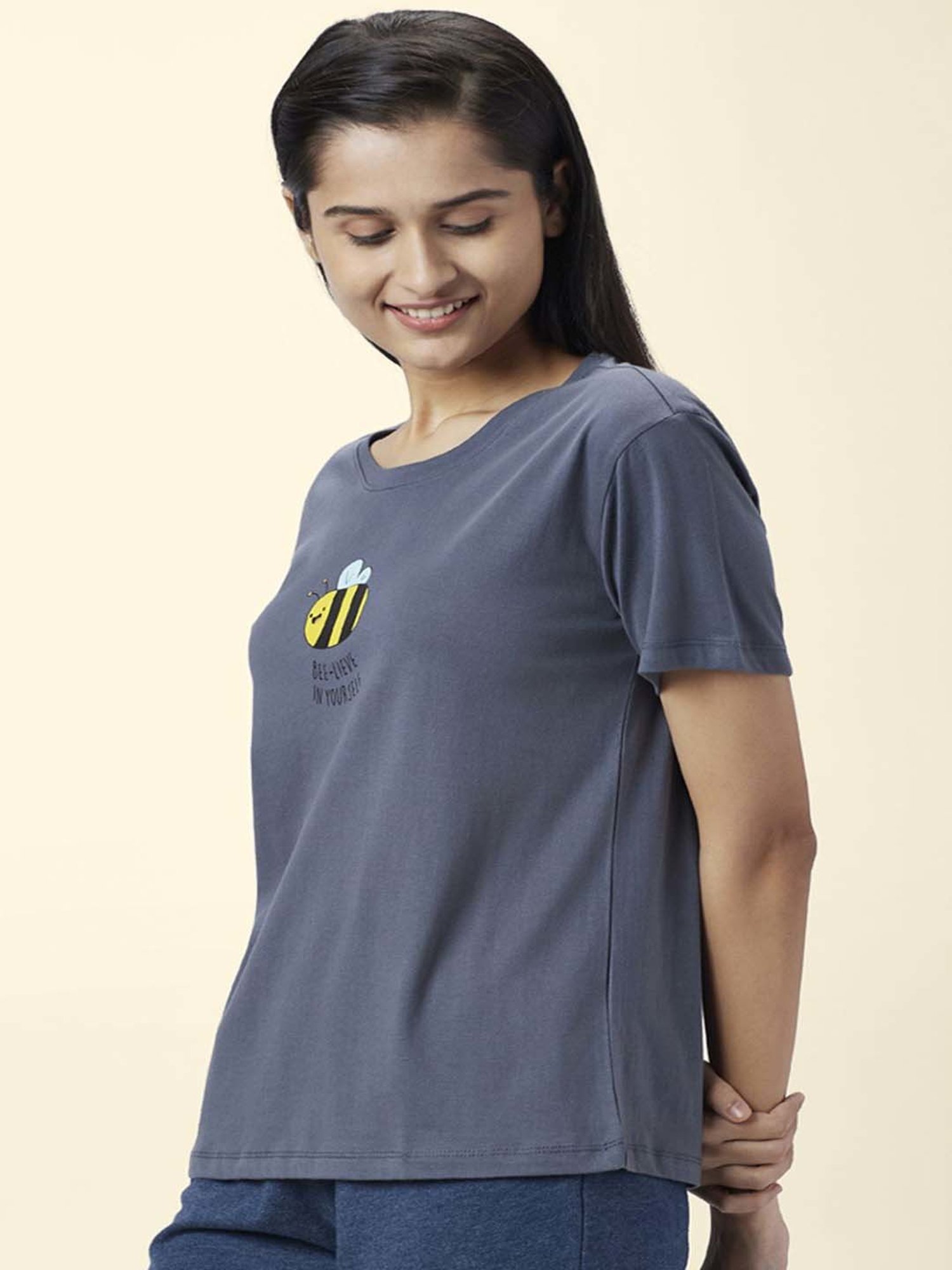 Buy Dreamz by Pantaloons Grey Cotton Printed T-Shirt for Women Online @  Tata CLiQ