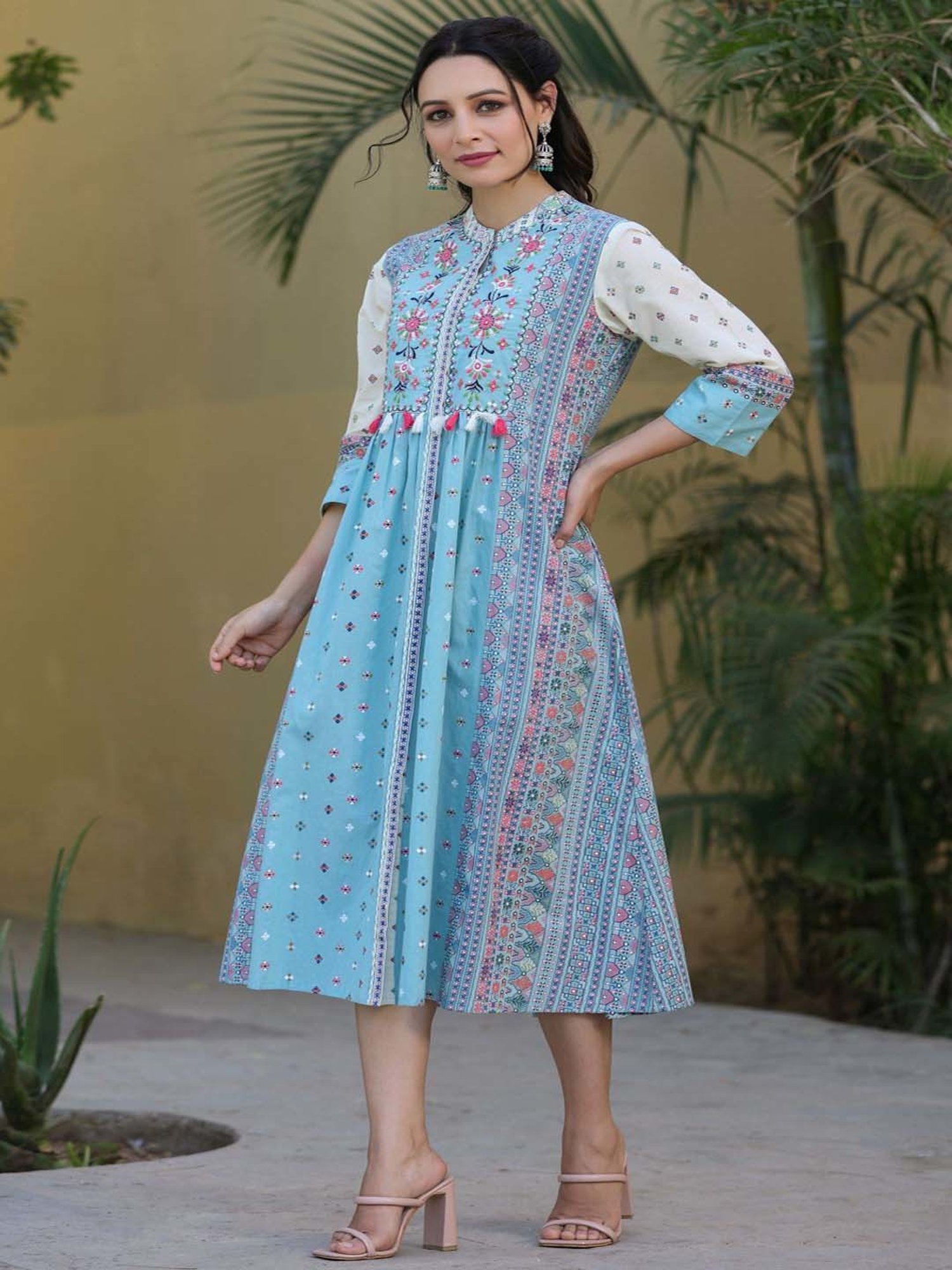 Juniper Sky Blue Embroidered A-Line Dress