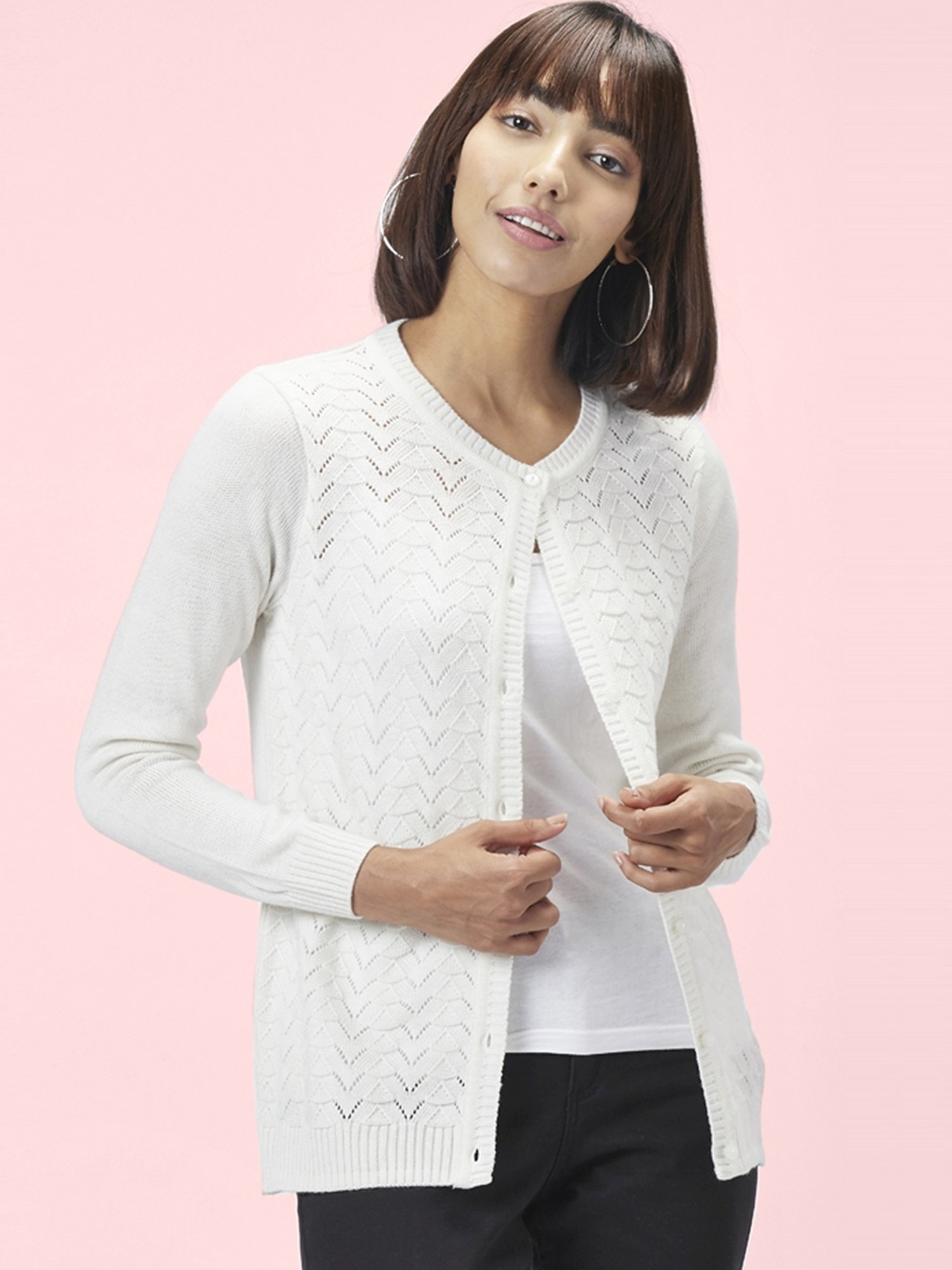 Honey by Pantaloons White Self Pattern Cardigan
