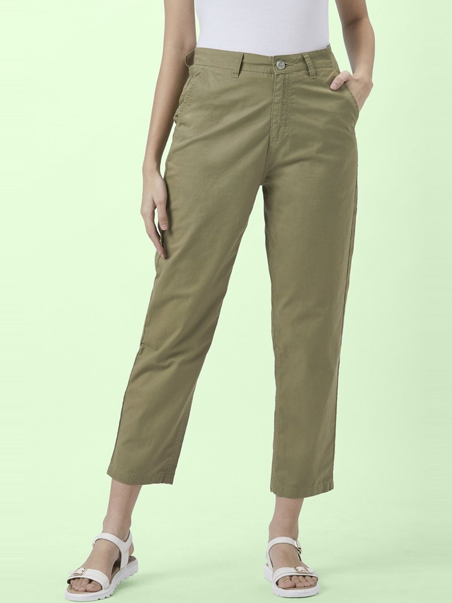 Buy Honey By Pantaloons Women Olive Green Regular Fit Solid Regular Trousers   Trousers for Women 8929457  Myntra