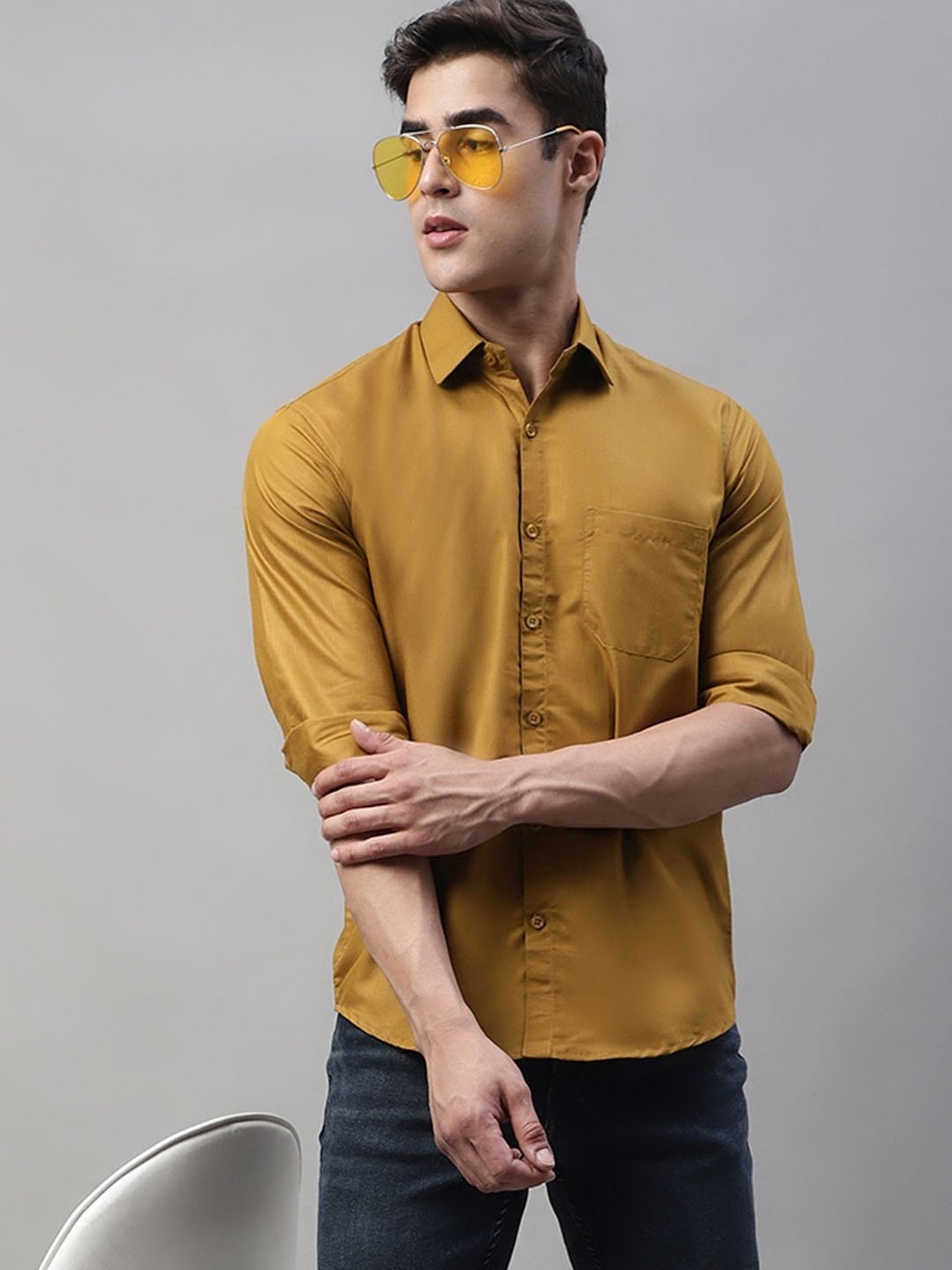 Jainish Mustard Yellow Cotton Regular Fit Shirt