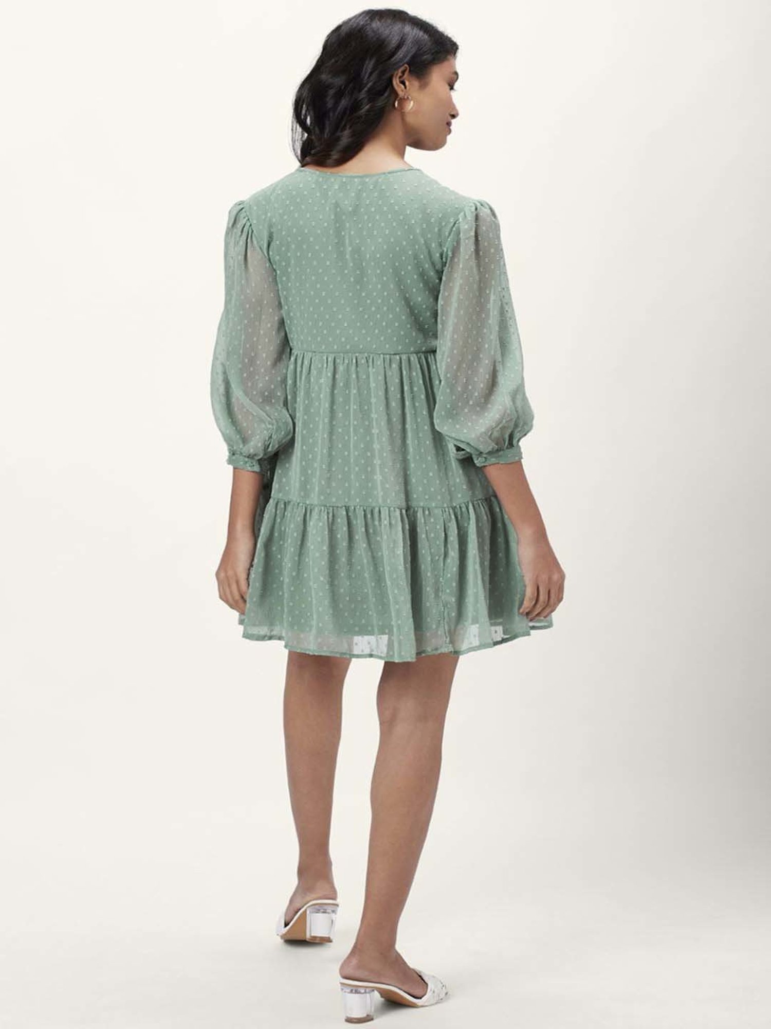 Honey by Pantaloons Sage Green Self Pattern A-Line Dress