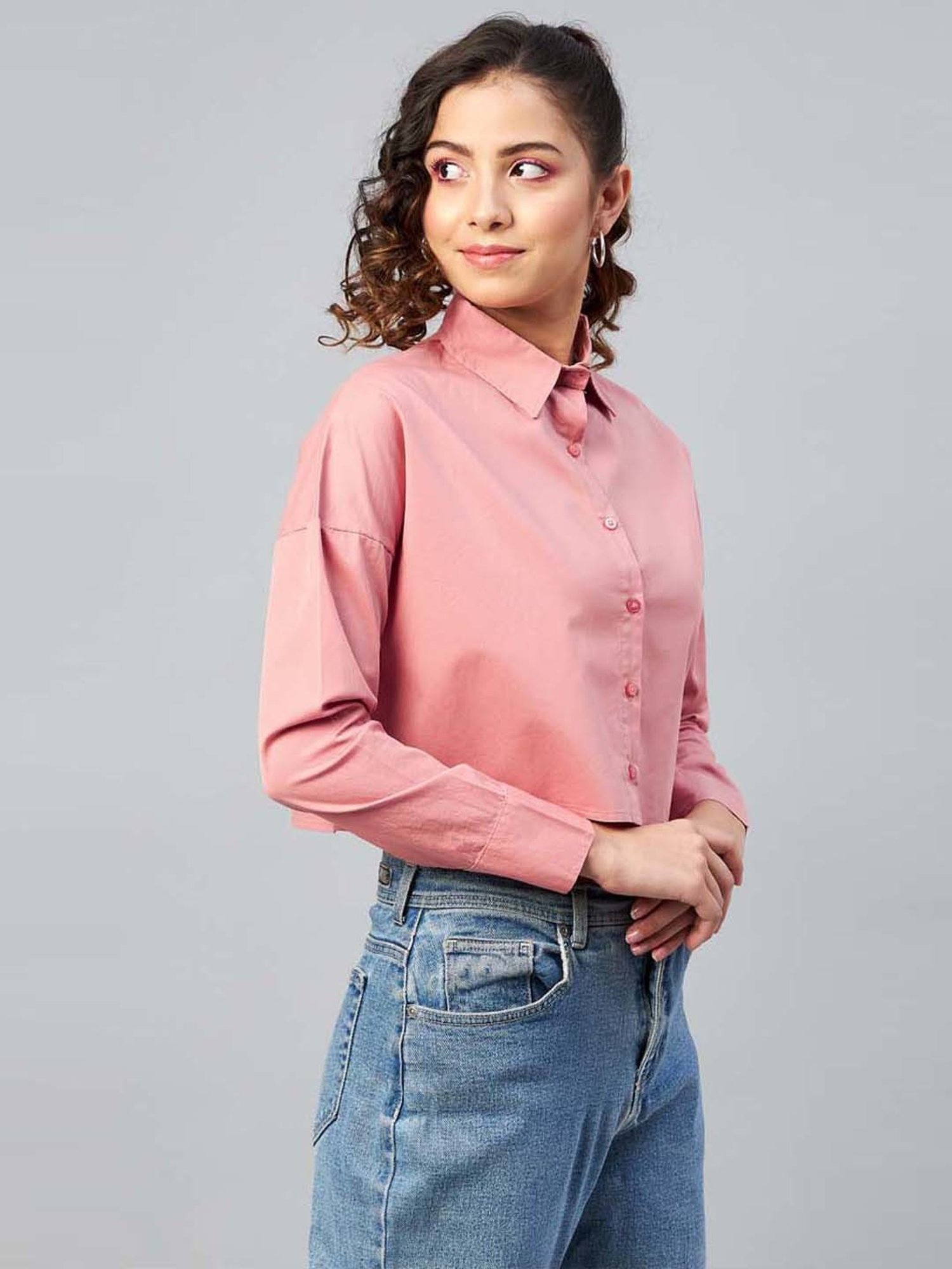 Buy Chimpanzee Pink Cotton Regular Fit Cropped Shirt for Women