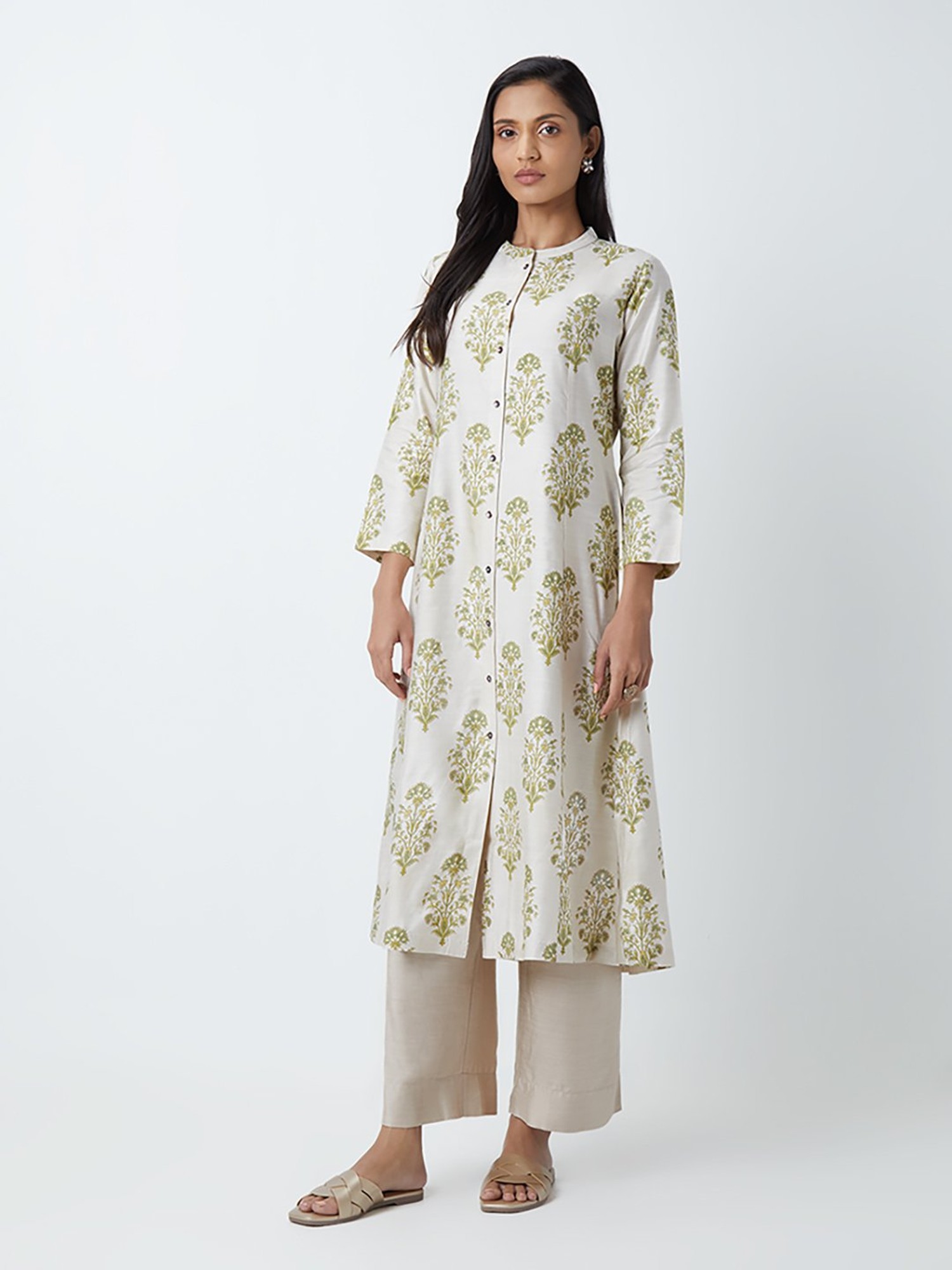 Utsa by Westside Green Floral Embroidered Buttoned Down Kurta
