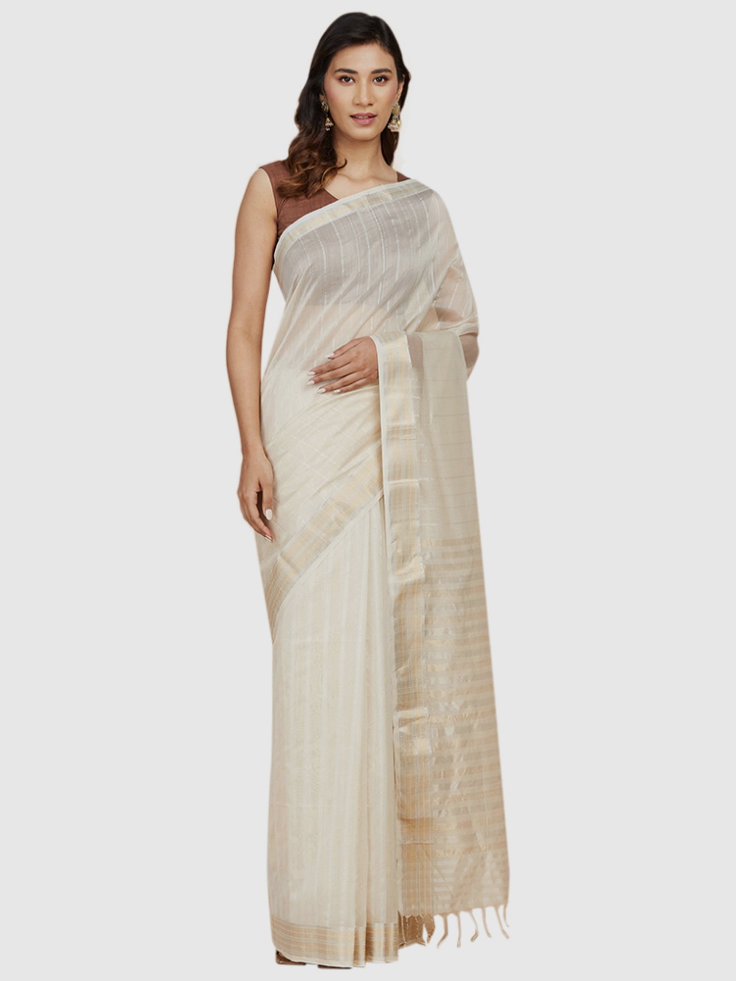 Cream Linen Saree with Silver Zari Woven Border - Urban Womania