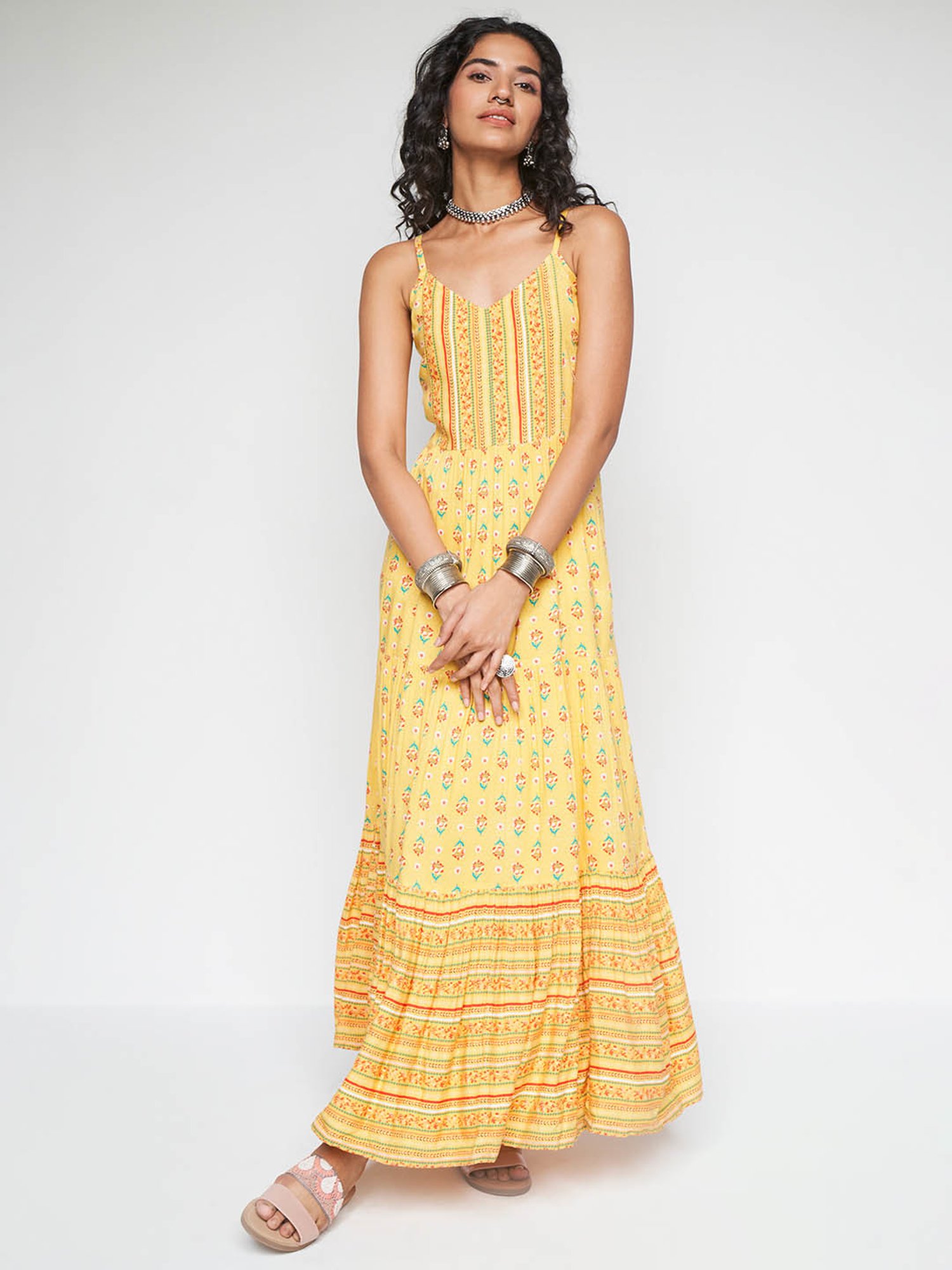 global desi maxi dress Global Desi Yellow Printed Maxi Dress