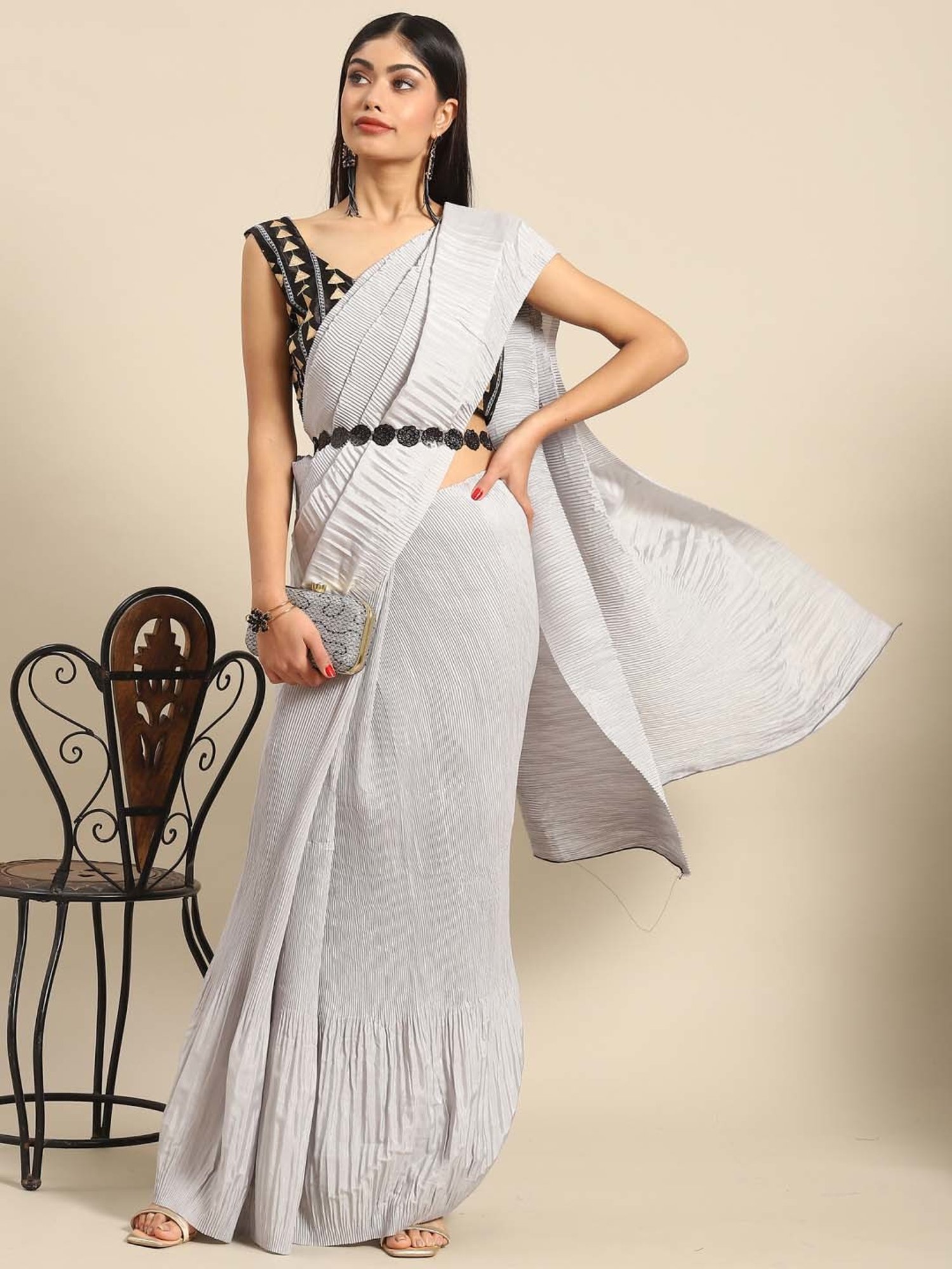 Buy Saree Mall Grey Plain Saree With Unstitched Blouse for Women