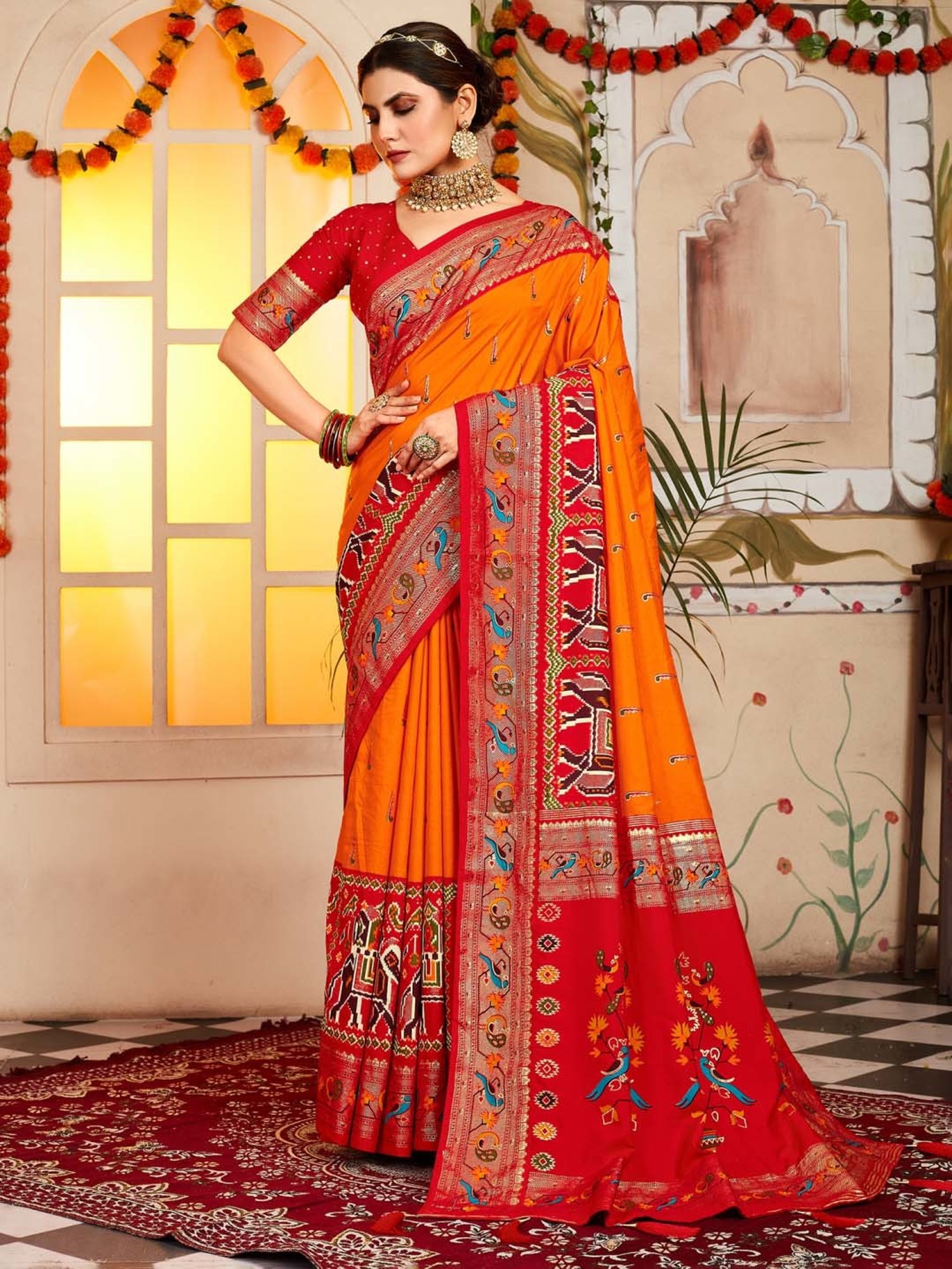 Orange & Pink Zari Woven Saree With Designer Blouse 4908SR07
