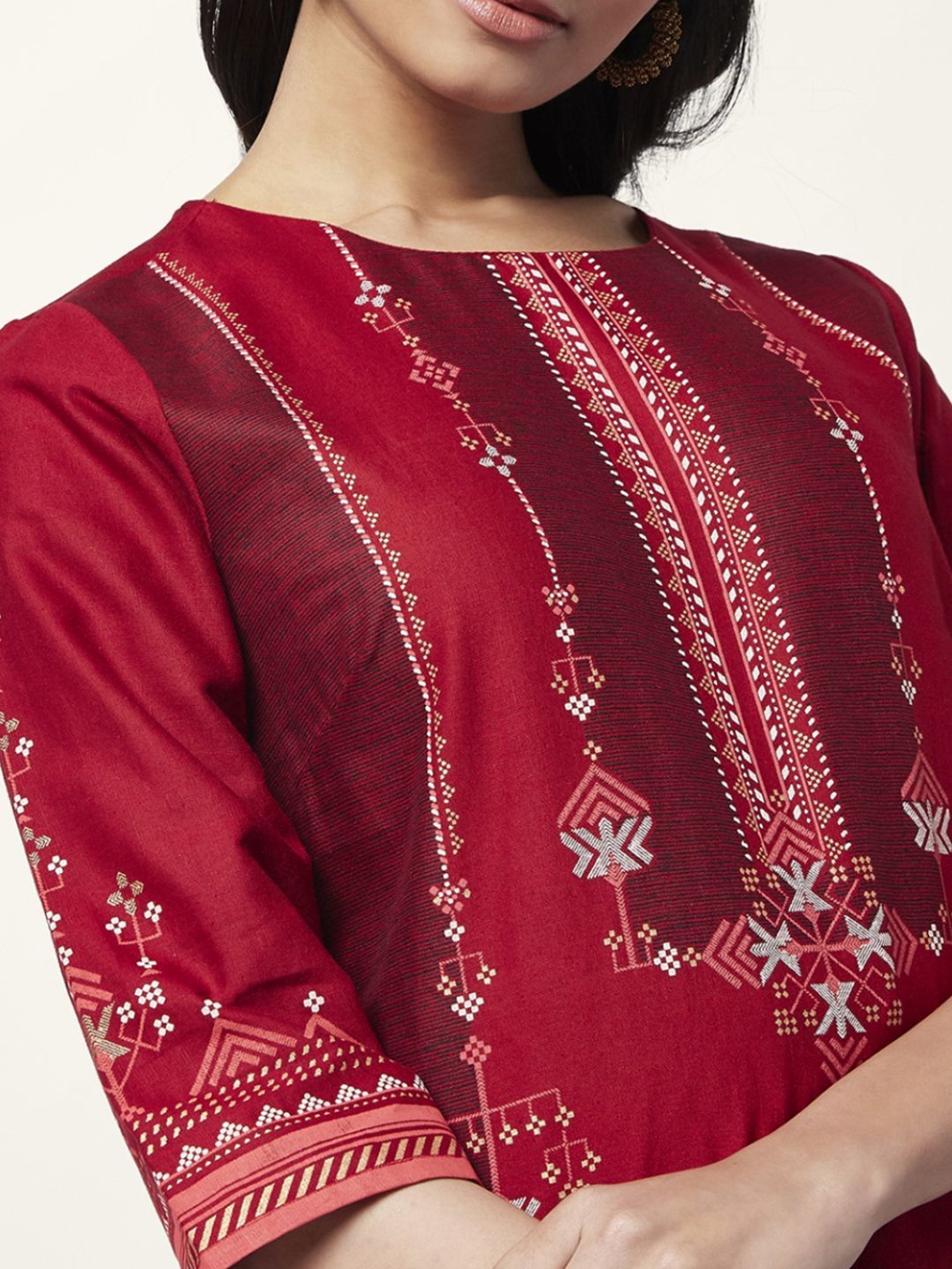 Rangmanch by Pantaloons Maroon Cotton Printed Straight Kurta