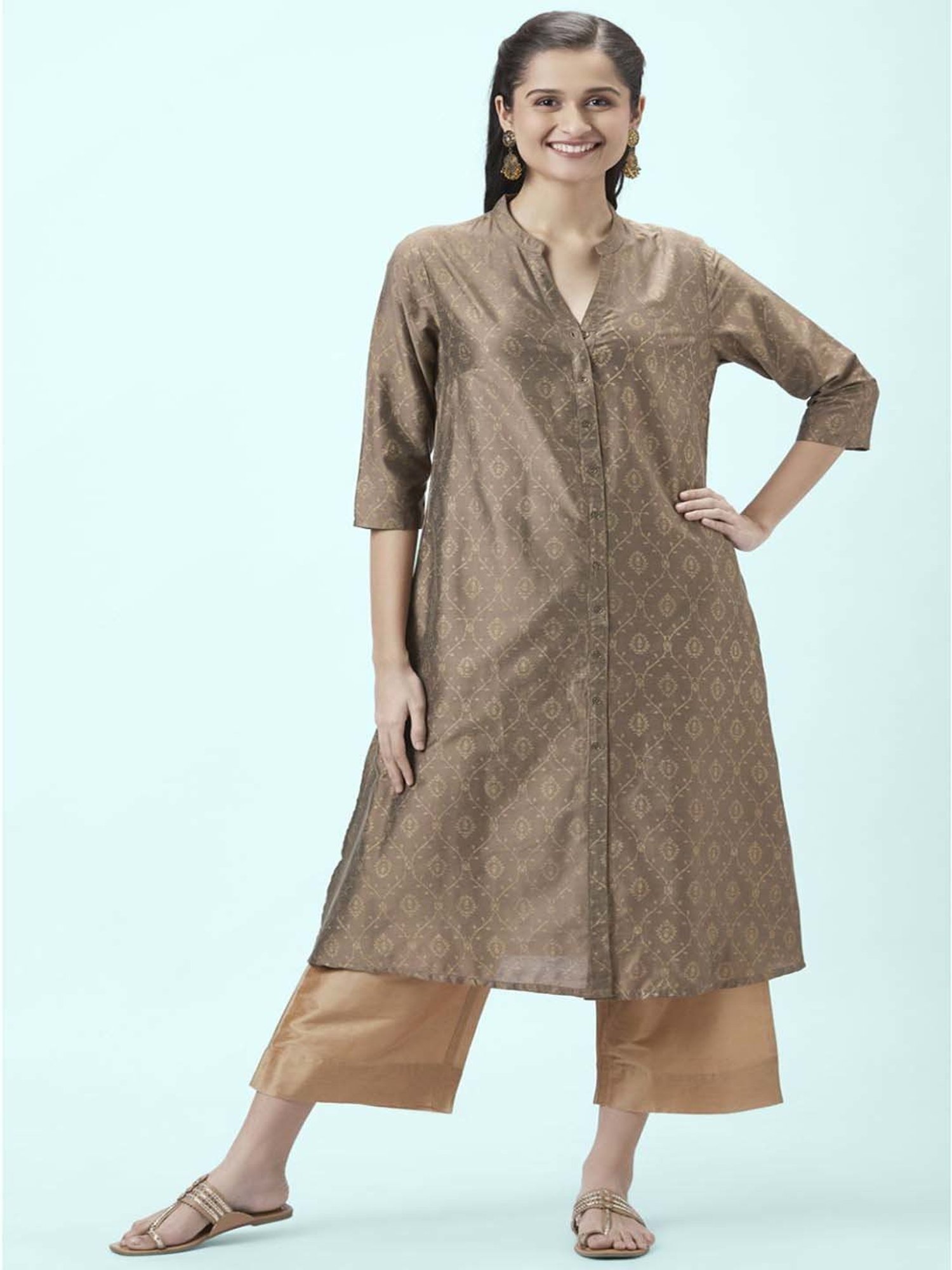 Rangmanch by Pantaloons Brown Cotton Printed Straight Kurta