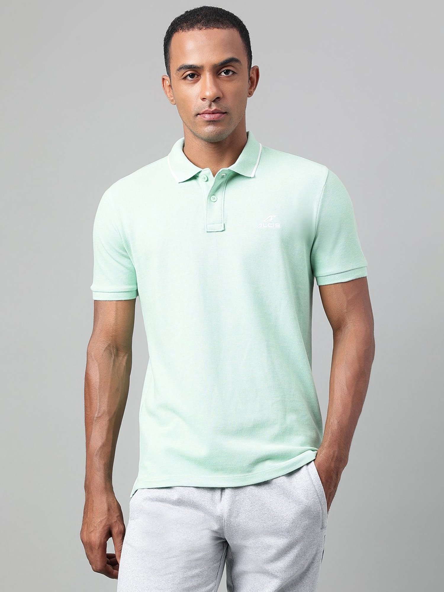 ALCIS Sea Green Melange Soft Touch Regular Fit Athleisure Polo T Shirt