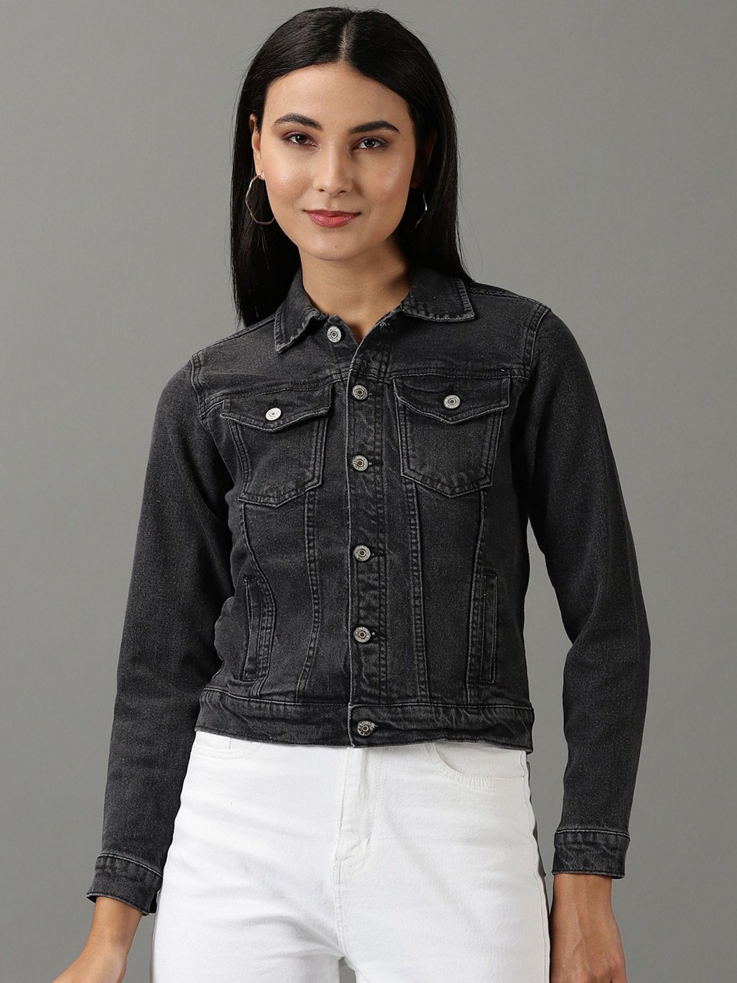 Buy online Women Grey Solid Denim Jacket from jackets and blazers and coats  for Women by Showoff for ₹1489 at 60% off | 2024 Limeroad.com