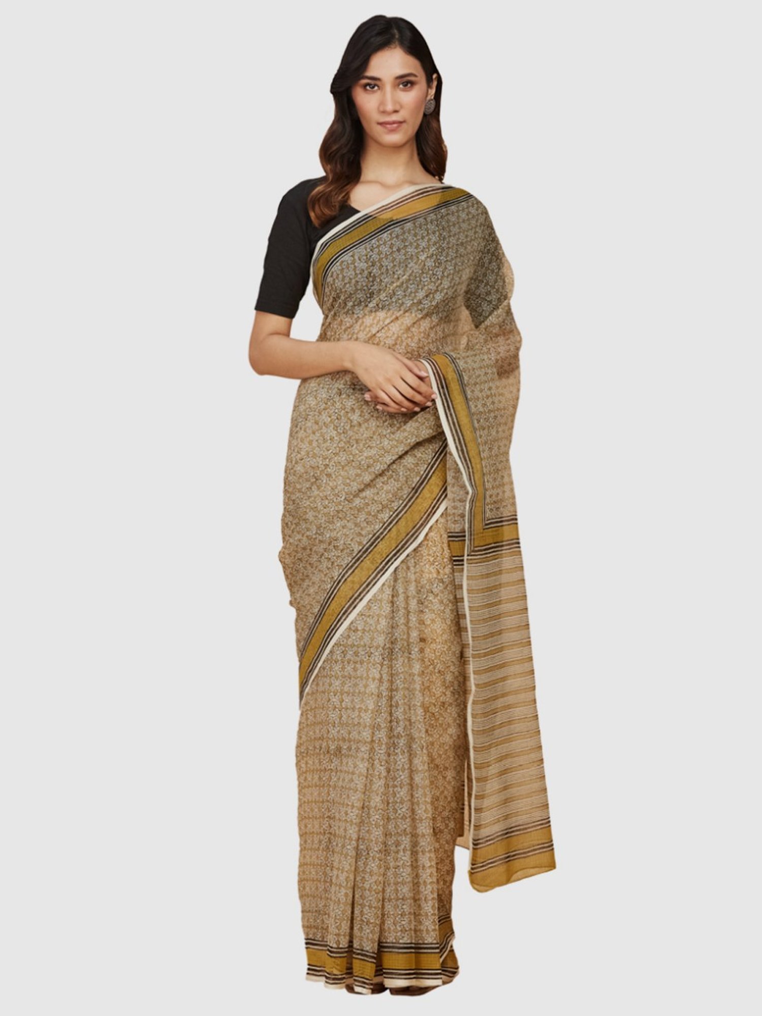 Grey tiny checked Chettinad Cotton Saree, contrast checked border & pallu  of stripes