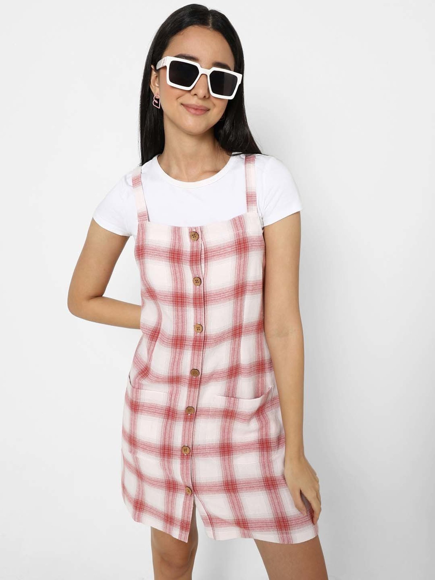 Buy VASTRADO Red Off White Cotton Chequered Pinafore Dress for Women Online Tata CLiQ