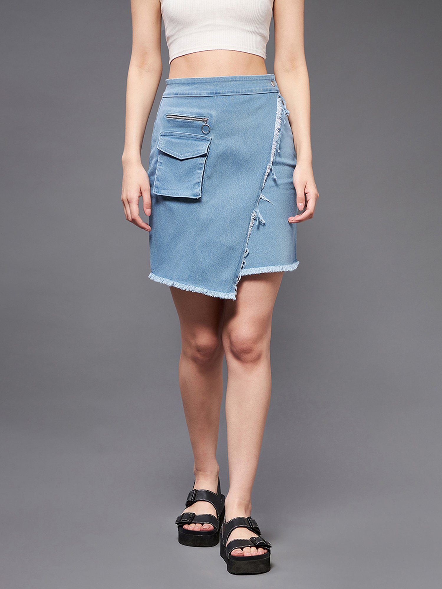 Miss Chase Light Blue Denim Wrap Skirt