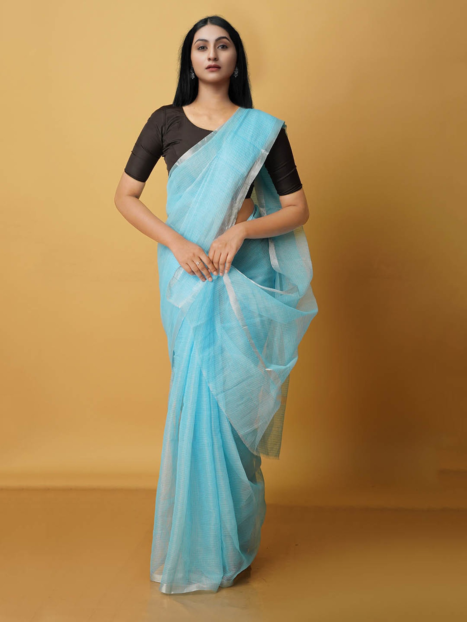Staring Sky Blue Colored Festive Wear Woven Linen Cotton Saree With Tassels