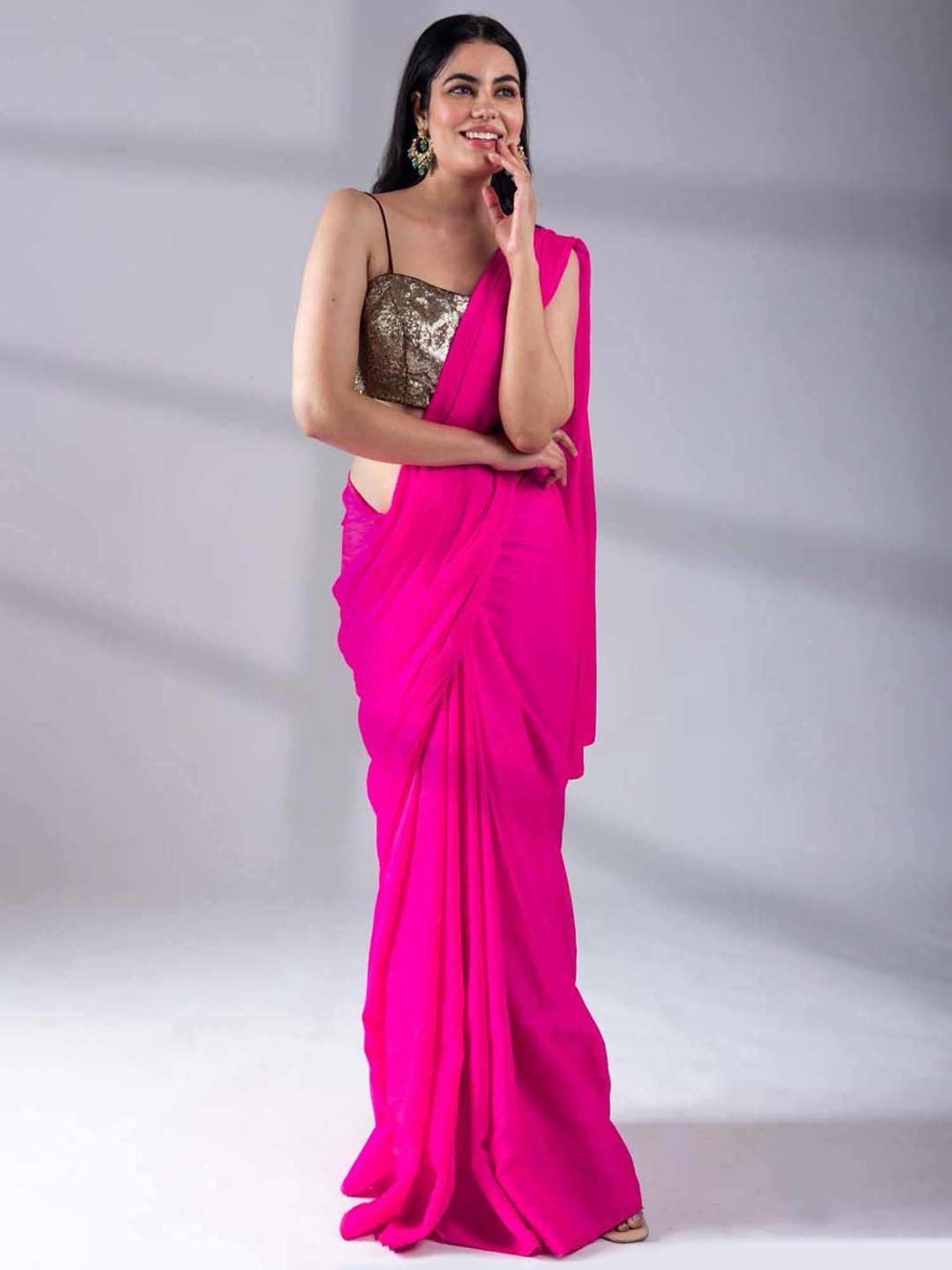 Hot pink plain georgette saree with blouse - NIMIDIYA - 3762888