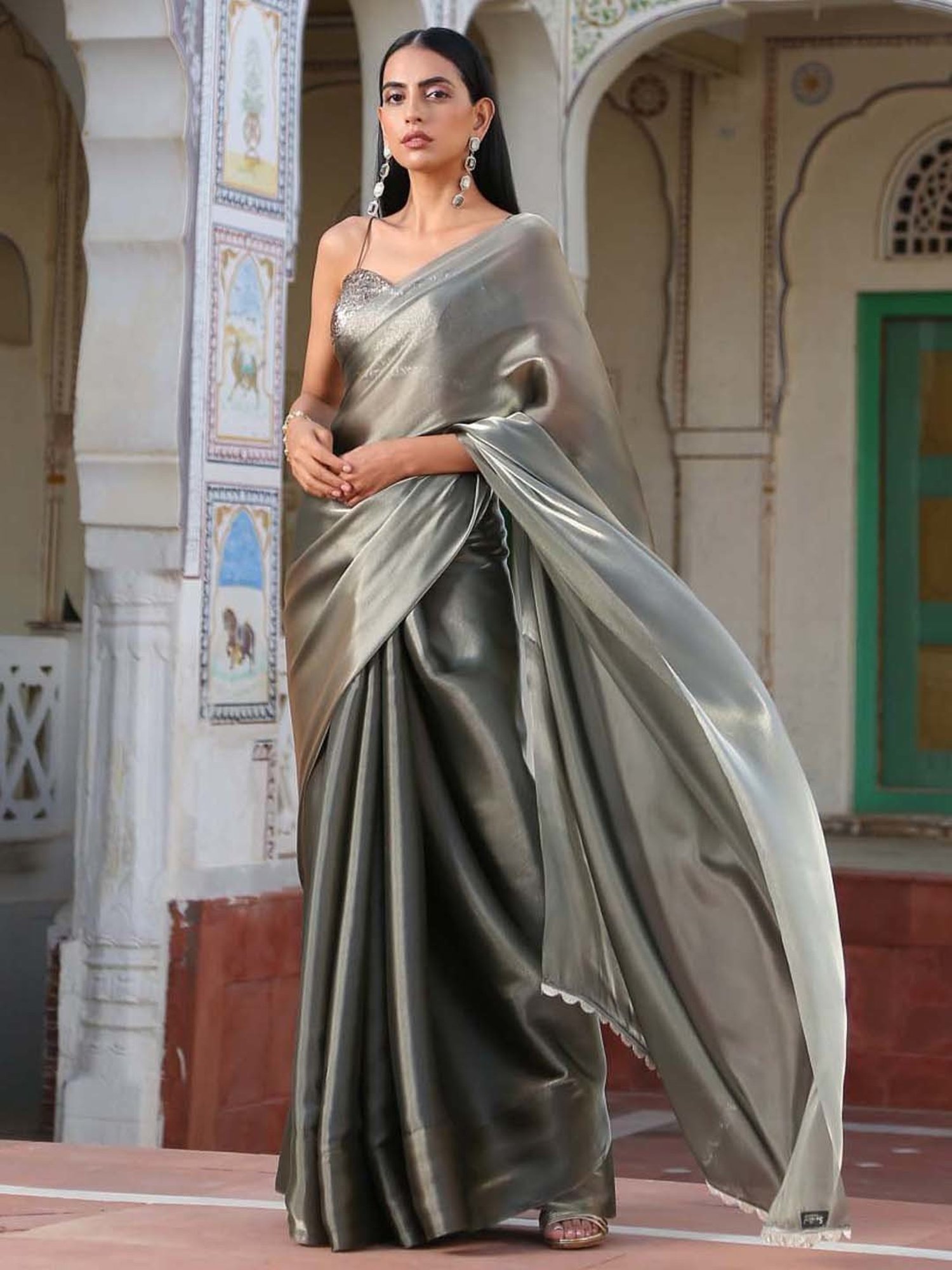 Vishal Prints Light Yellow And Grey Satin Saree With Stone Work