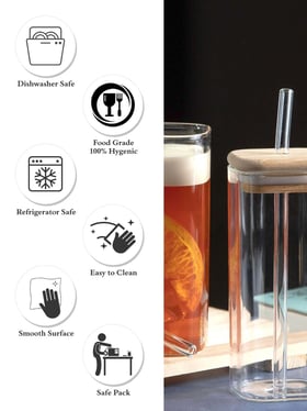 Goodhomes Borosilicate Glass Tumbler With Glass Straw & Wooden Lid