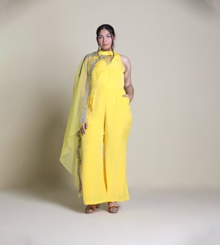 Yellow jumpsuit with sales cape