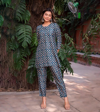 Trendy Beige cotton short kurta  pant coord set with contrast detali   Sujatra