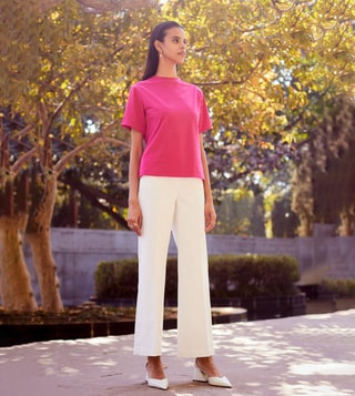 Buy Online Women White Solid Regular Trousers at best price  Plussin