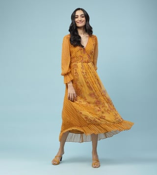 Buy Aarke Ritu Kumar Yellow Floral Print Long Dress for Women