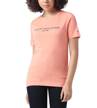 Buy Tommy Hilfiger Peach Dusk Logo Slim Fit T-Shirt for Women Online @ Tata  CLiQ Luxury