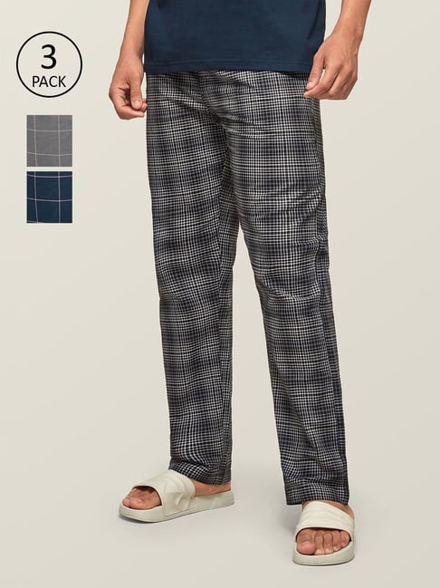 XYXX Grey, White & Navy Blue Checks Pyjamas (Pack Of 3)-picture-14
