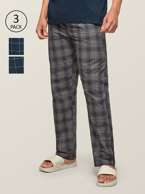 Buy XYXX White Navy Blue Checks Pyjamas Pack Of 3 for Men