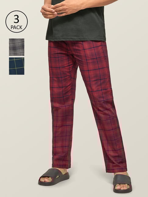 XYXX White, Navy Blue & Red Checks Pyjamas (Pack Of 3)-picture-15