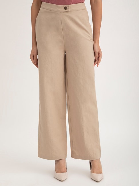 Buy Beige Check Wide Legged Formal Trousers Online | FableStreet