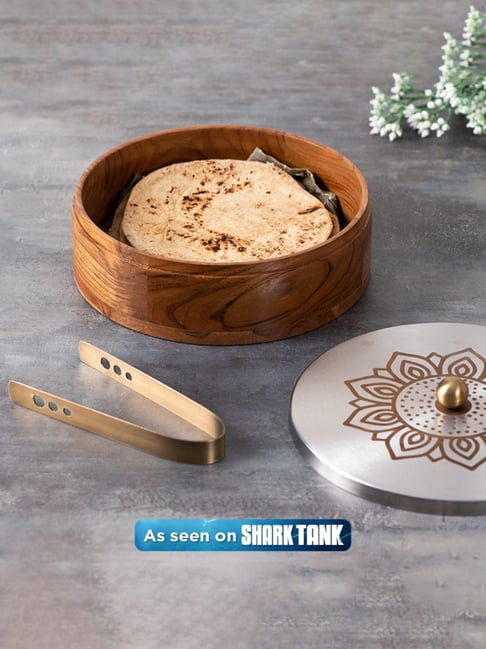 Nestroots Plane Silver Lid Casserole Wooden hot Box Set for Kitchen chapati Box Food Warmer hot-picture-40