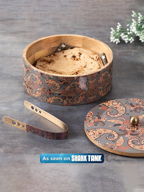 Nestroots Grey Printed Casserole chapati Box Wooden hot Box Food Warmer hotpot roti Box Lid & Tong-picture-11