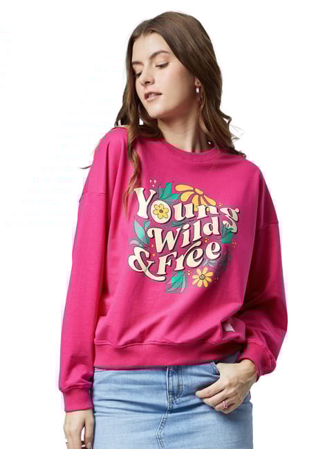 The Souled Store Pink Young Wild Free Print Oversized Sweatshirt