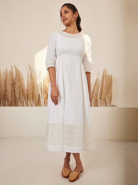 Aurelia White Cotton Self Pattern A-Line Dress Price in India