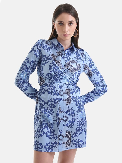 Kazo Blue Printed Shirt Dress Price in India