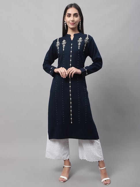 Cantabil Navy Embroidered Straight Kurta Price in India
