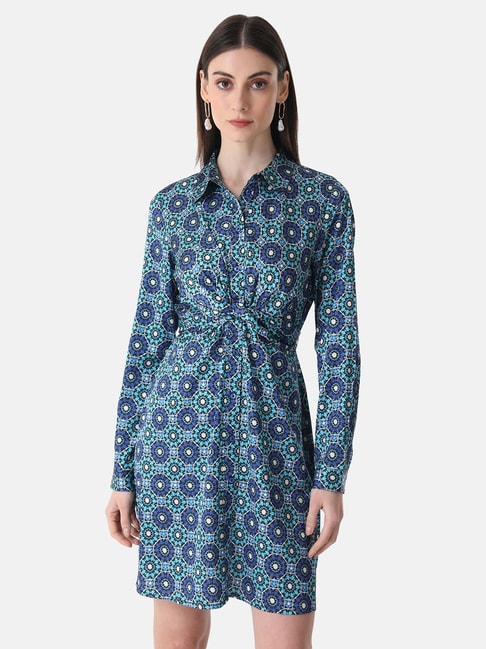 Kazo Blue Printed Shirt Dress Price in India
