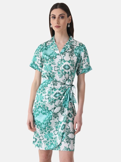 Kazo Green & White Floral Print Wrap Dress Price in India