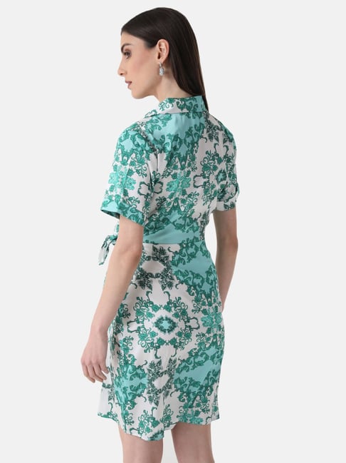 Kazo Green & White Floral Print Wrap Dress