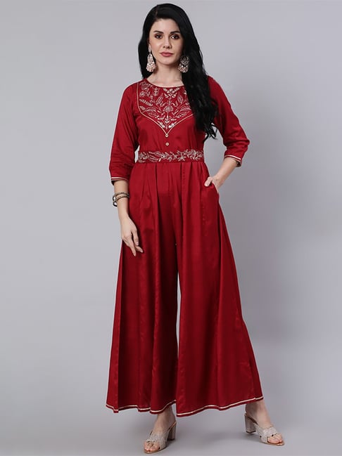 Jaipur Kurti Maroon Embroidered Jumpsuit